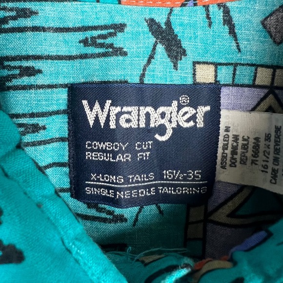 Wrangler Cowboy Cut Aztec Western Shirt Mens 16.5-35 Turquoise Geometric Cotton - Picture 4 of 12